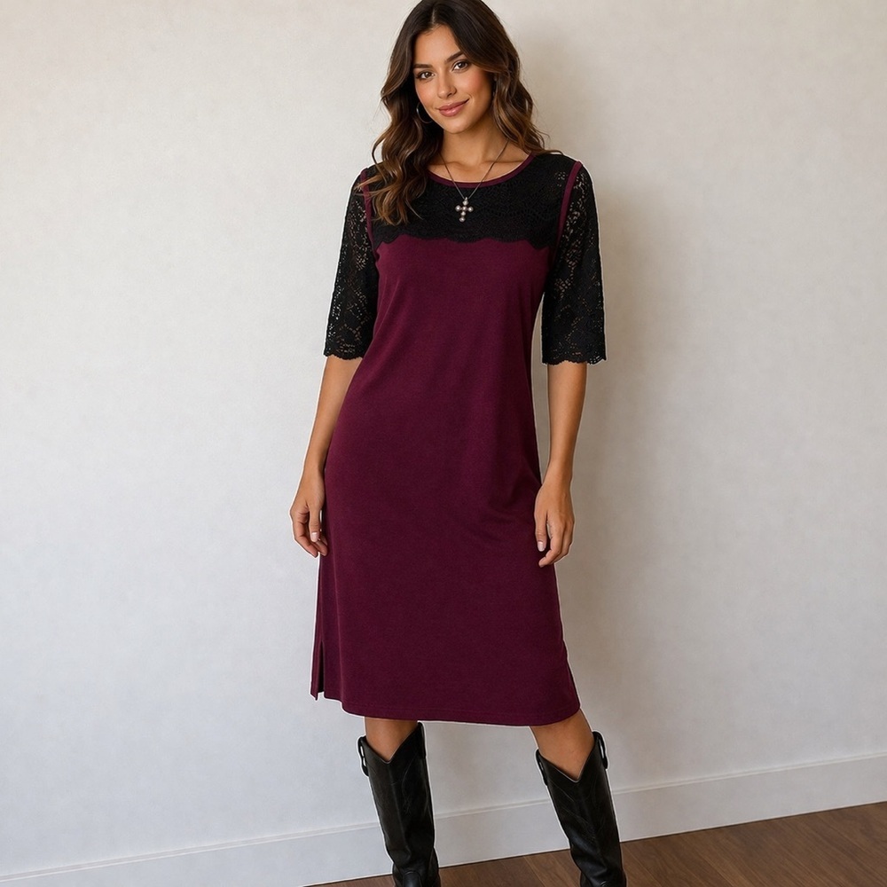 Ann Taylor Women's Lace-Yoke Midi Sheath Dress in Plum Size Medium